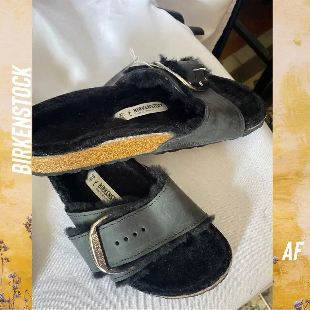 BIRKENSTOCK MADRID SHEARLING BIG BUCKLE SANDALS BLACK NEW NWT